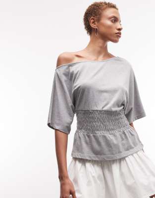 Collusion Off-shoulder Shirred Top In Gray