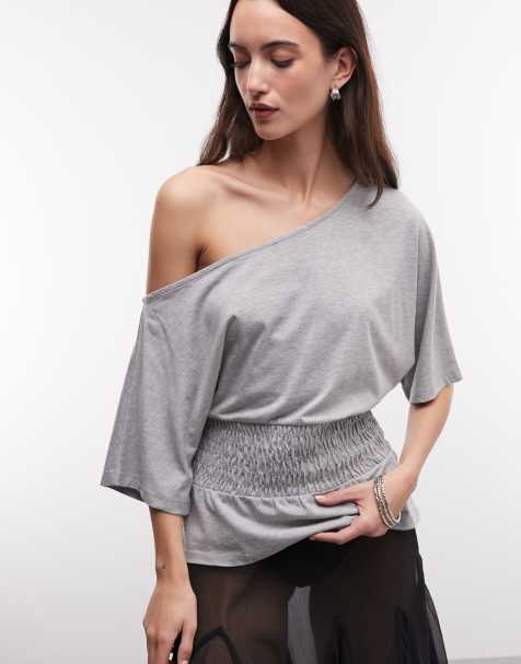 COLLUSION off shoulder shirred top in grey marl - view 1