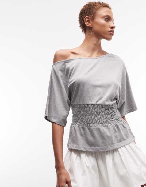 COLLUSION off shoulder shirred top in grey marl
