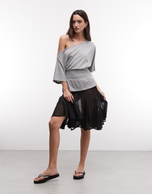 COLLUSION off shoulder shirred top in grey marl, 3 of 4