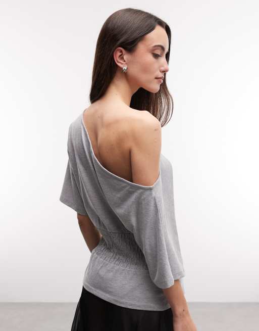 COLLUSION off shoulder shirred top in grey marl, 4 of 4