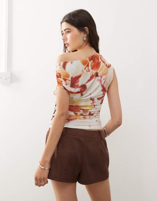 COLLUSION off shoulder slinky blurred orange orchid top, 4 of 4