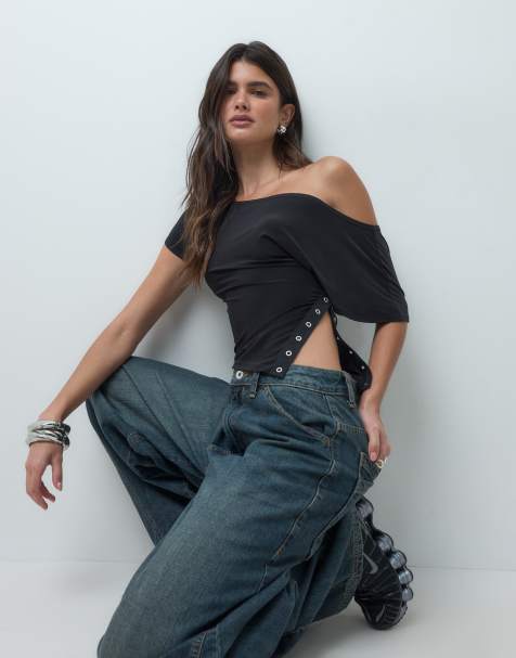 COLLUSION off-shoulder slinky studded top in black - view 1