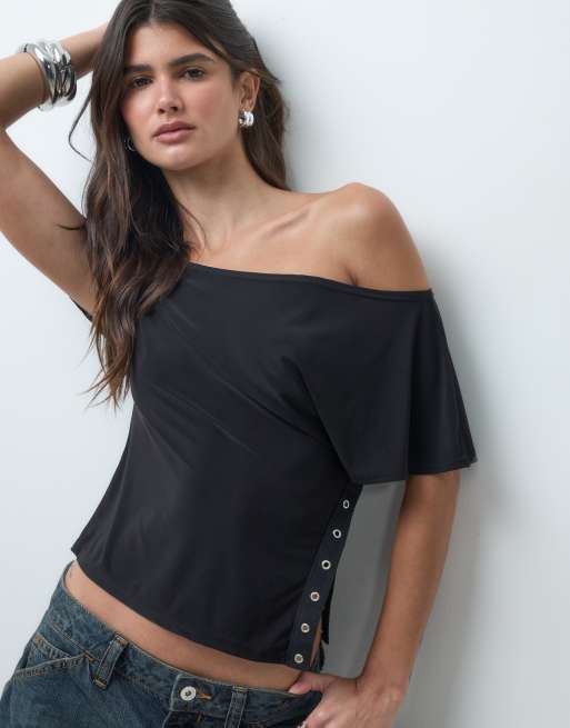 COLLUSION off-shoulder slinky studded top in black, 2 of 4