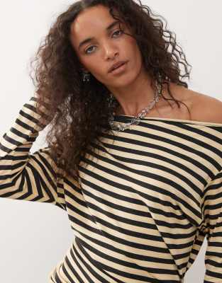 COLLUSION off shoulder stripe long sleeve t-shirt in yellow - view 1