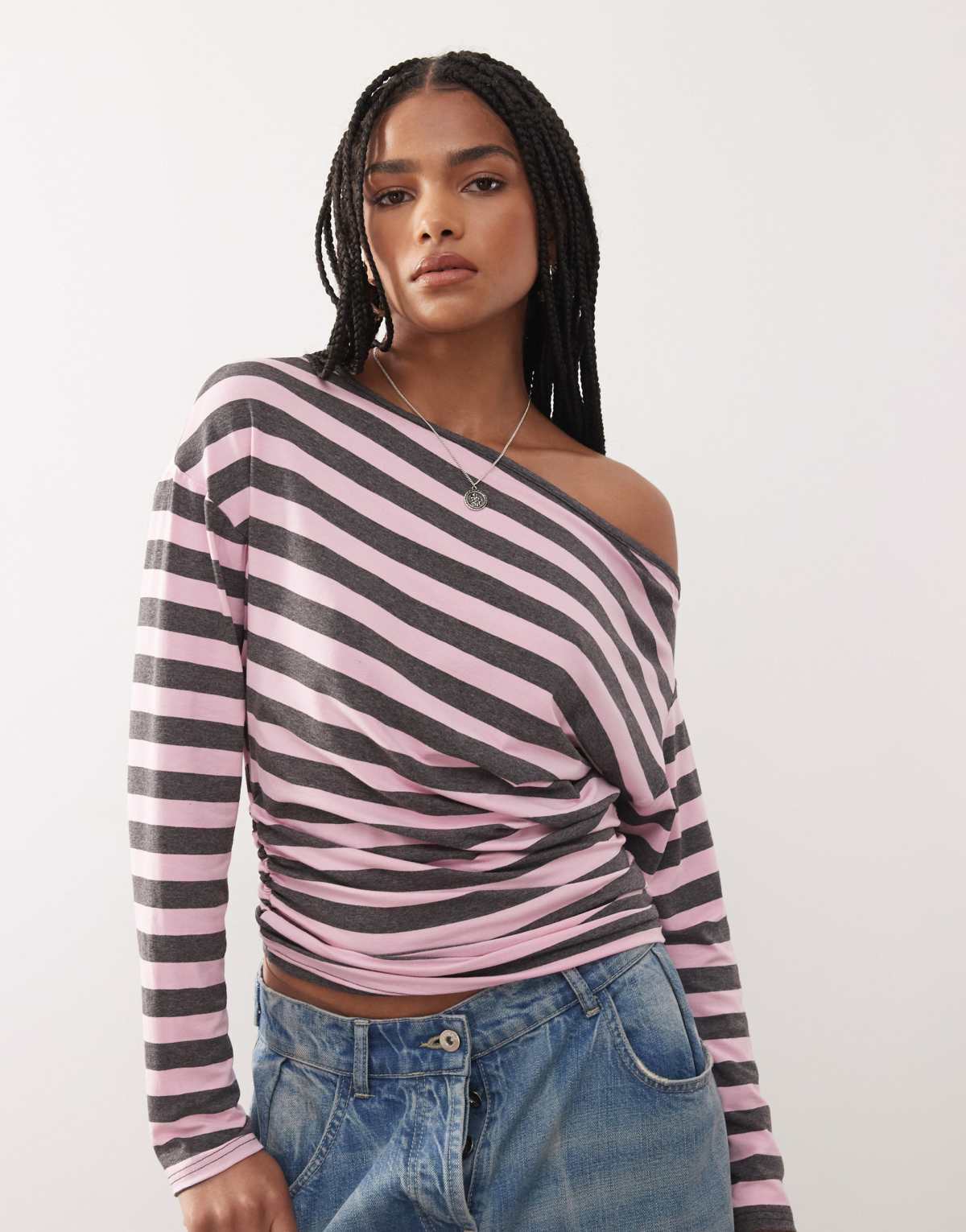 COLLUSION off-shoulder top in pink and grey stripe