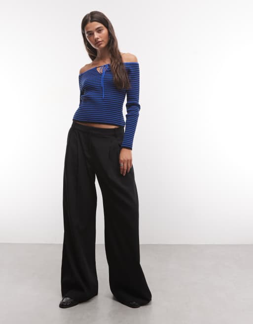 COLLUSION off-shoulder top met lange mouwen, uitsnijding en breisel in blauw gestreept, 2 van 4