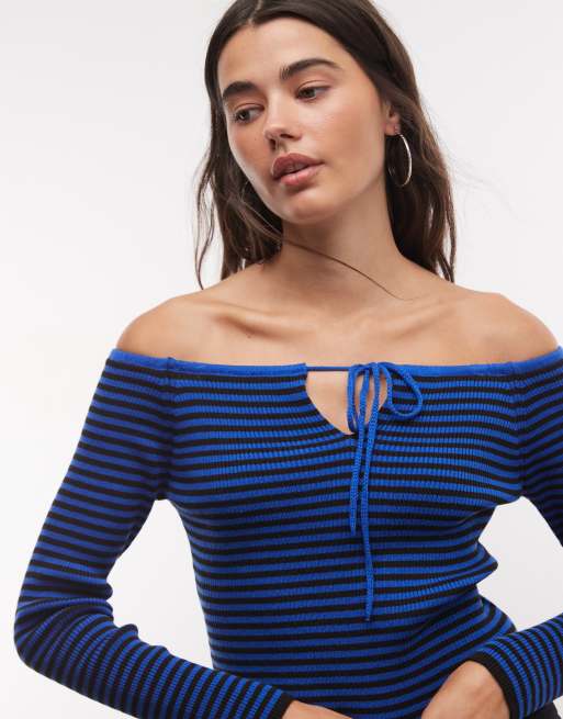 COLLUSION off-shoulder top met lange mouwen, uitsnijding en breisel in blauw gestreept, 3 van 4