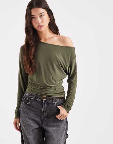 COLLUSION off-shoulder top with cinch waist in khaki - view 1