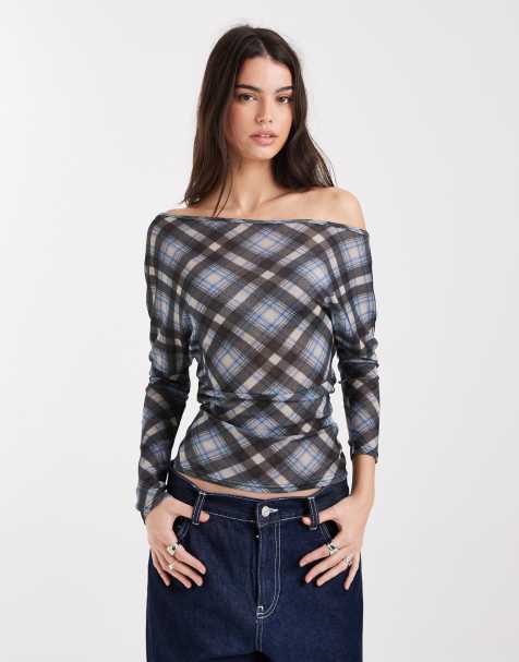 COLLUSION off the shoulder cinched waist top in blue plaid - view 1