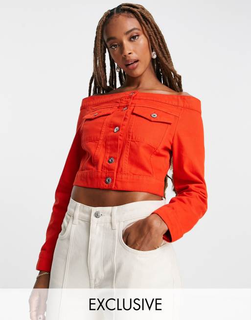 COLLUSION off the shoulder denim jacket in red co ord | ASOS