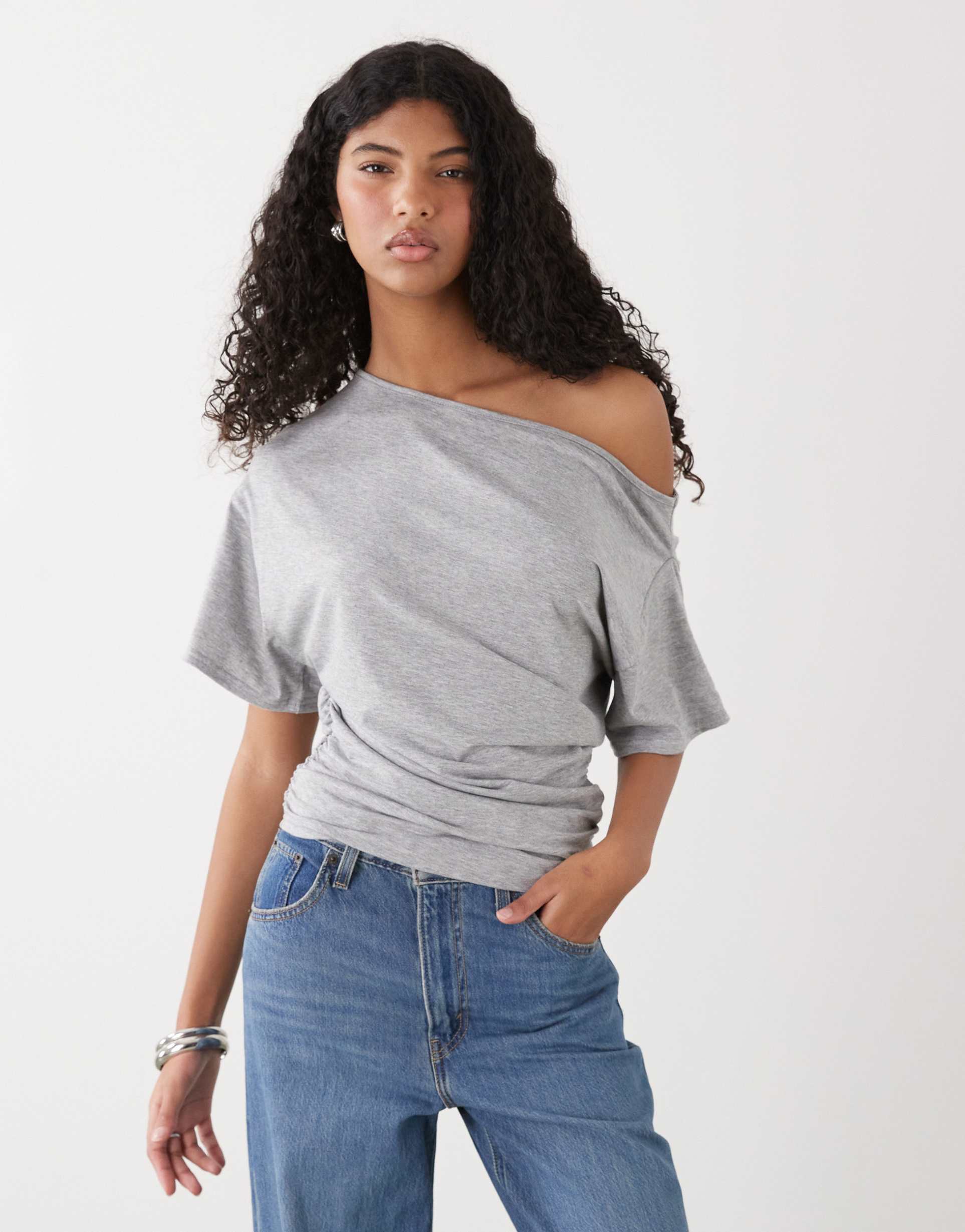 collusion off the shoulder drapey top in heather gray