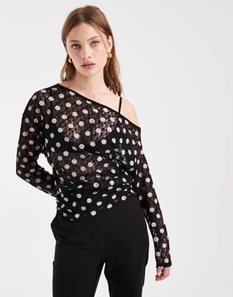 COLLUSION off the shoulder drapey top in polka-dot print lace - view 1