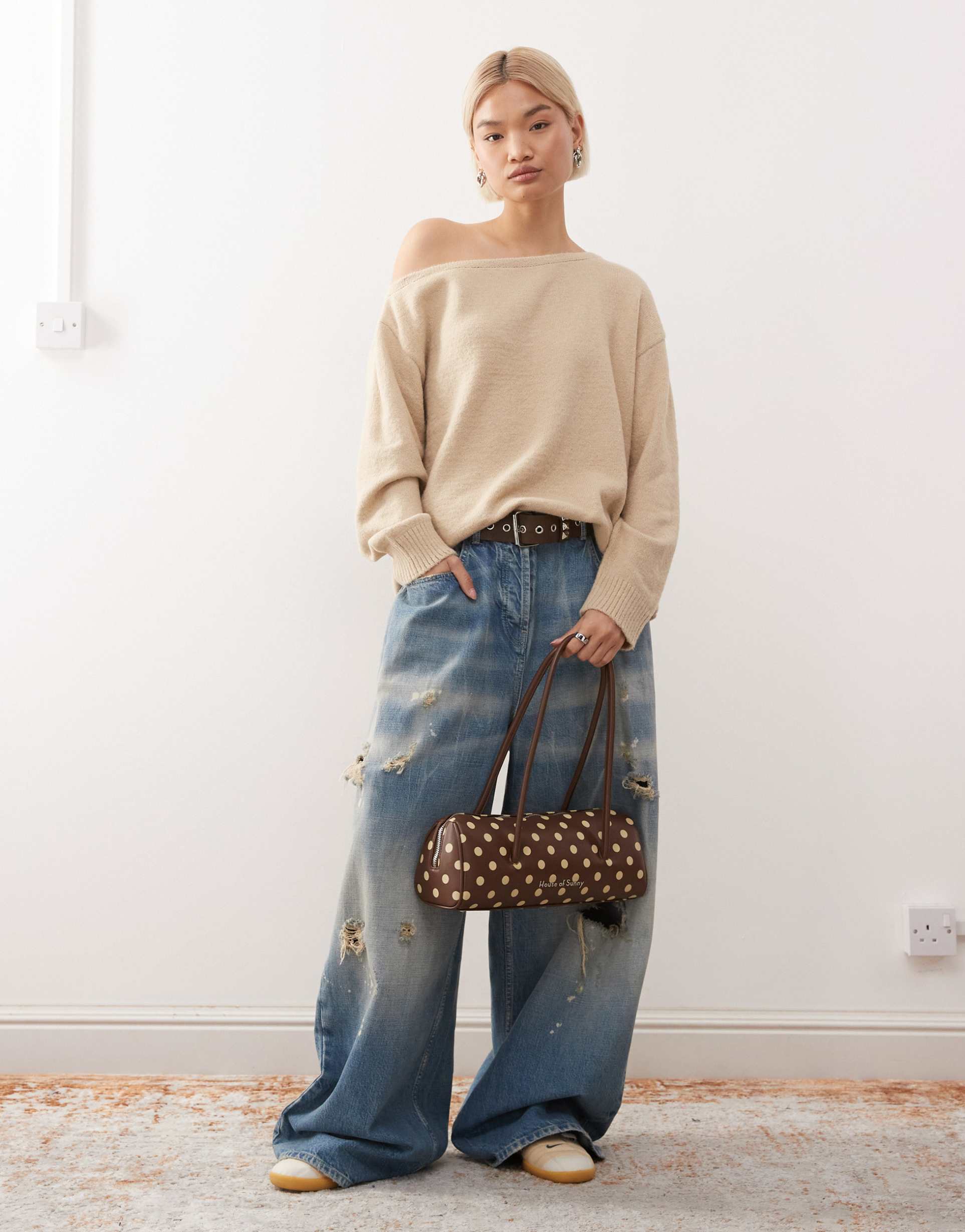 collusion off the shoulder knit sweater in beige