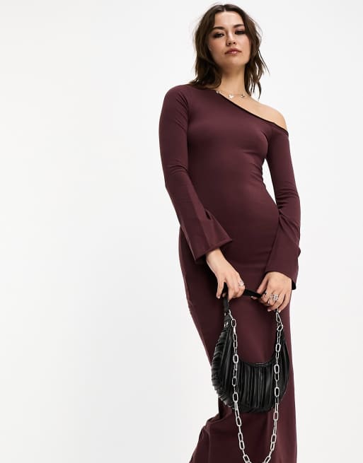 One shoulder long hot sale sleeve maxi dress