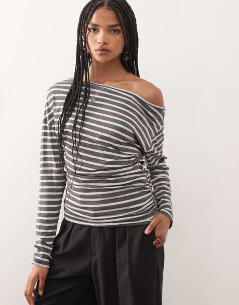 COLLUSION off shoulder long sleeve stripe t-shirt in grey