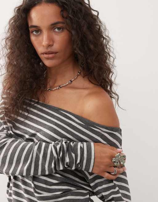 COLLUSION off shoulder long sleeve stripe t-shirt in grey