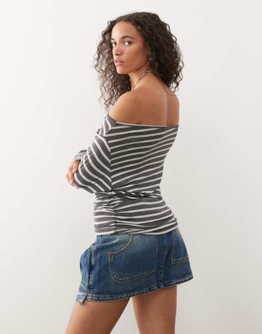 COLLUSION off shoulder long sleeve stripe t-shirt in grey