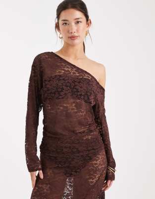 Collusion Off The Shoulder Long Sleeve Top In Brown