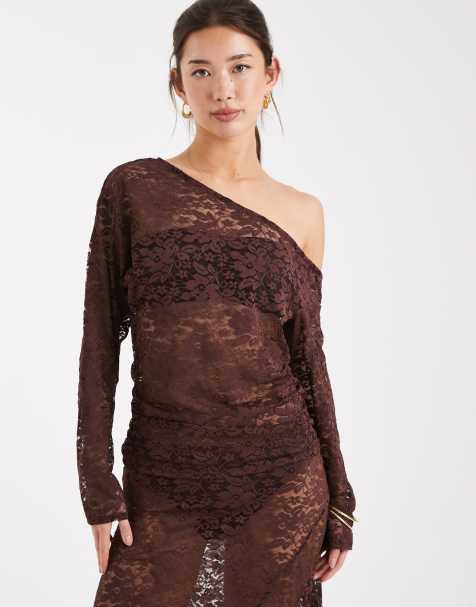 COLLUSION off the shoulder long sleeve top in chocolate lace - view 1