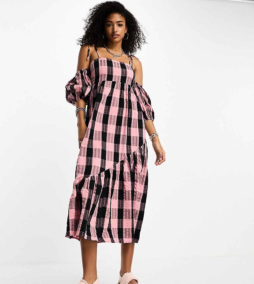 COLLUSION off the shoulder midi dress in pink check