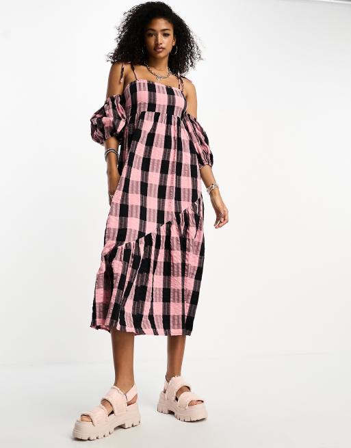 COLLUSION off the shoulder midi dress in pink check