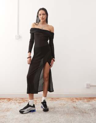 off the shoulder sheer midaxi dress in black