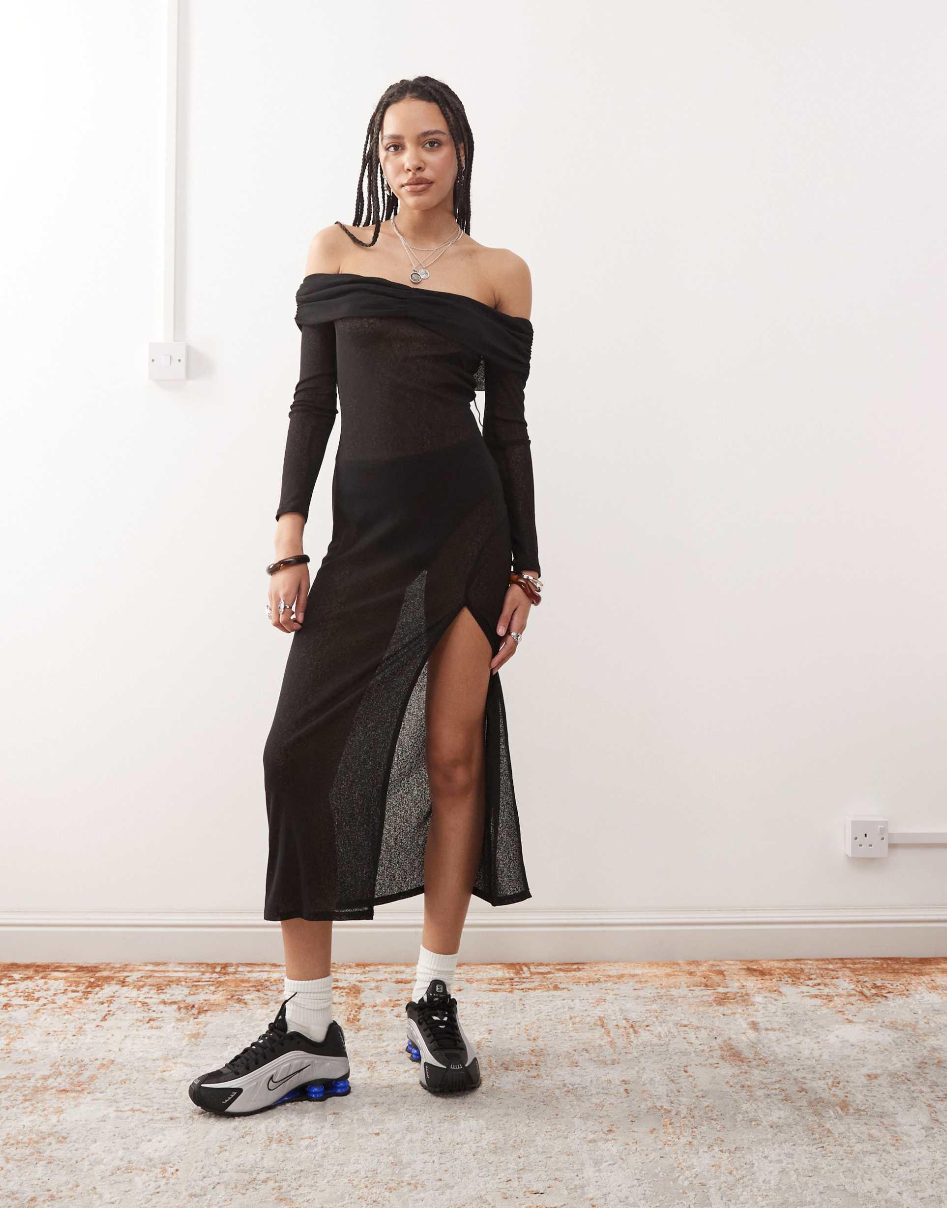 collusion off the shoulder sheer midaxi dress in black