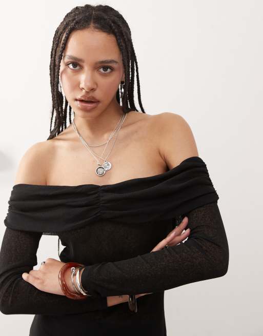 COLLUSION off the shoulder sheer midaxi dress in black, 3 of 4