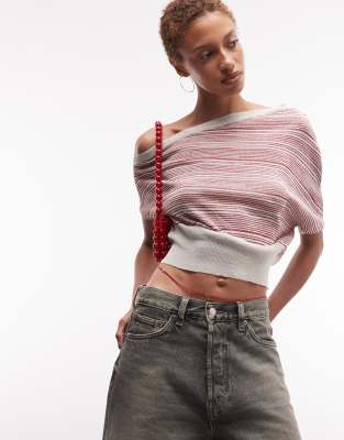 COLLUSION off the shoulder shimmery striped top in red and cream