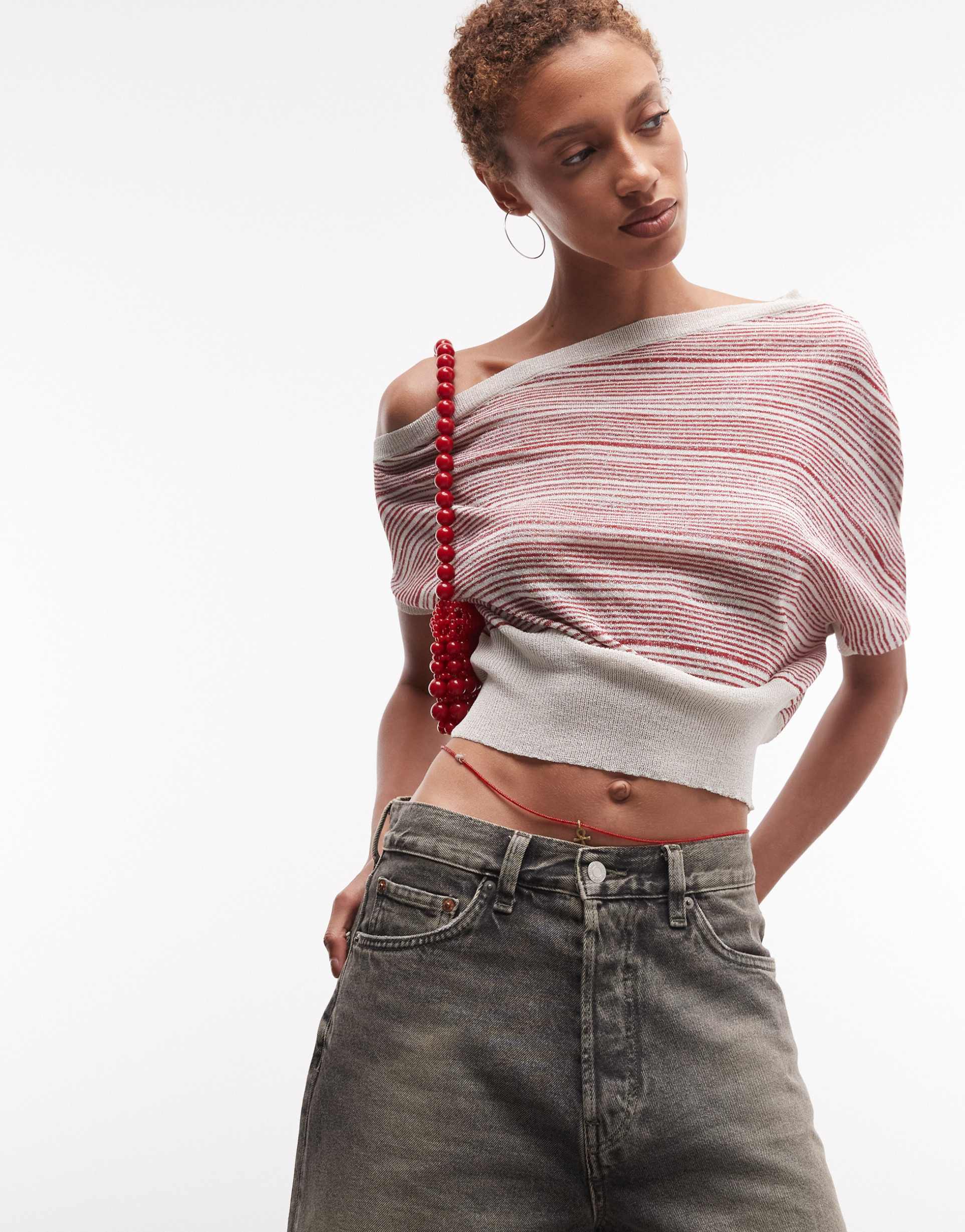 collusion off the shoulder shimmery striped top in red and cream