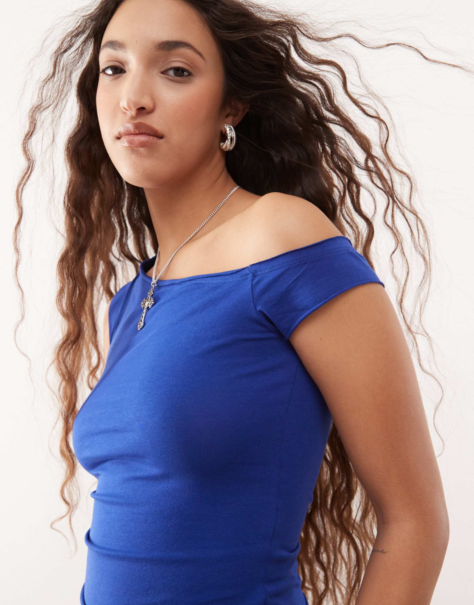 collusion off the shoulder short sleeve top in navy