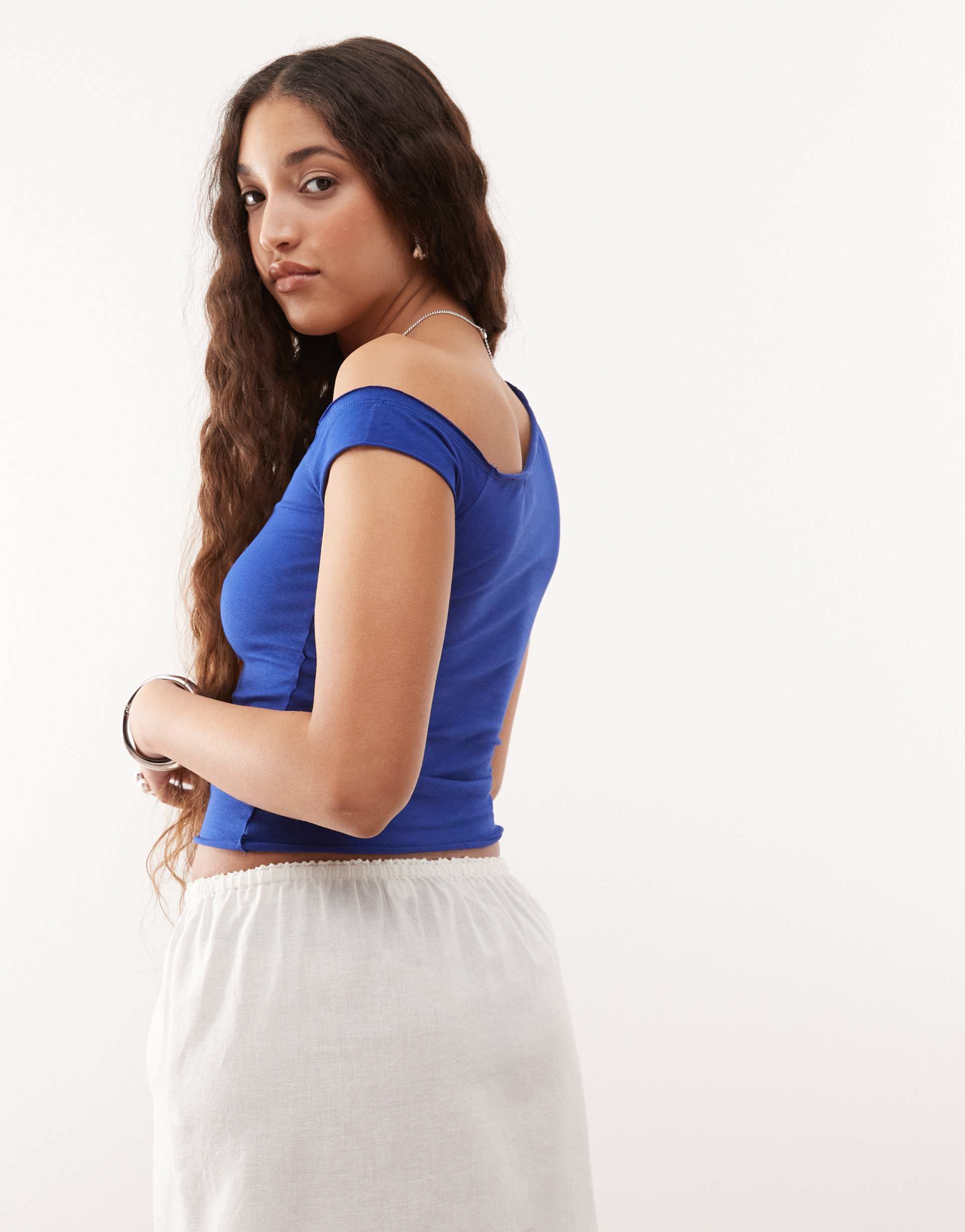 collusion off the shoulder short sleeve top in navy