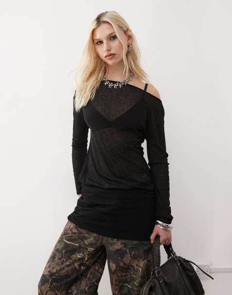 COLLUSION off the shoulder slouchy mini dress in semi sheer black - view 1