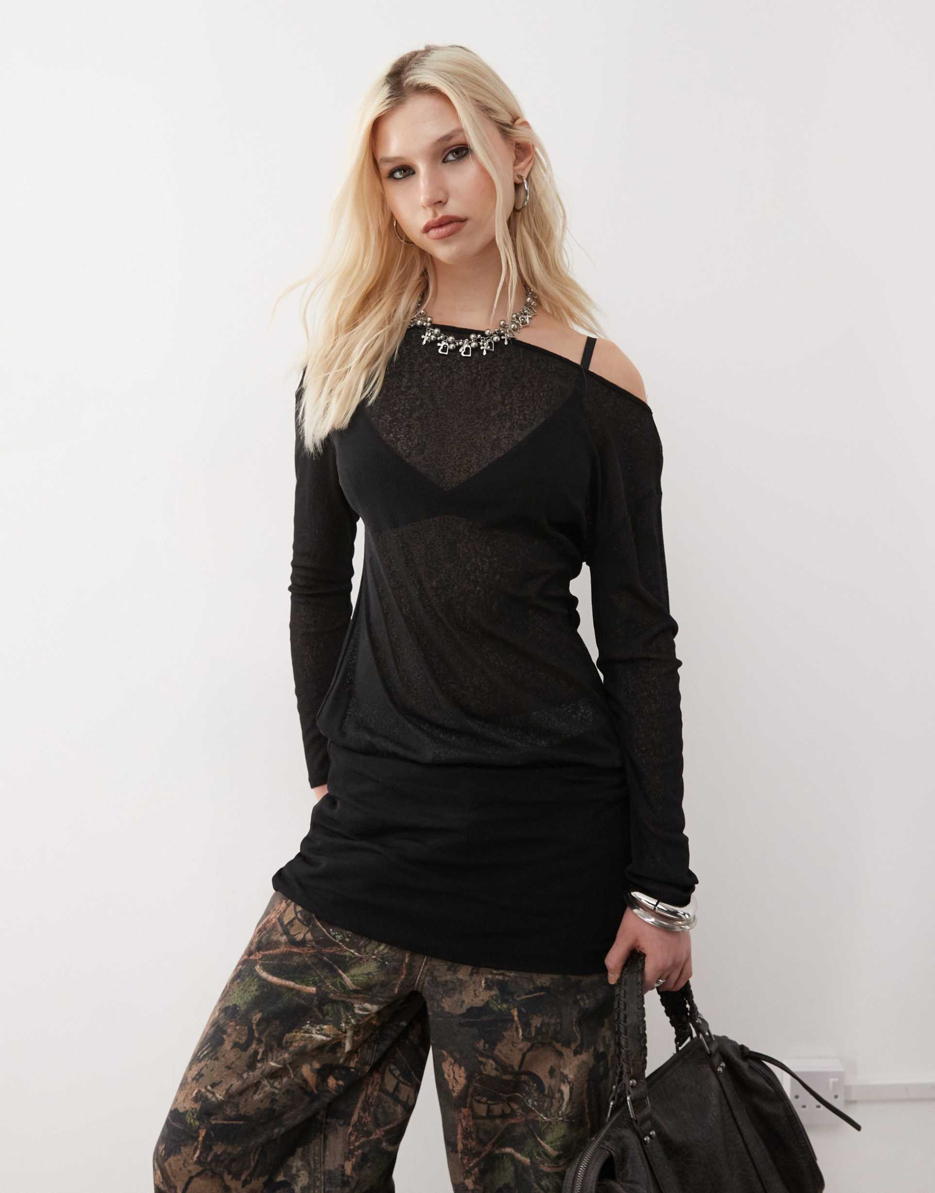 collusion off the shoulder slouchy mini dress in semi sheer black