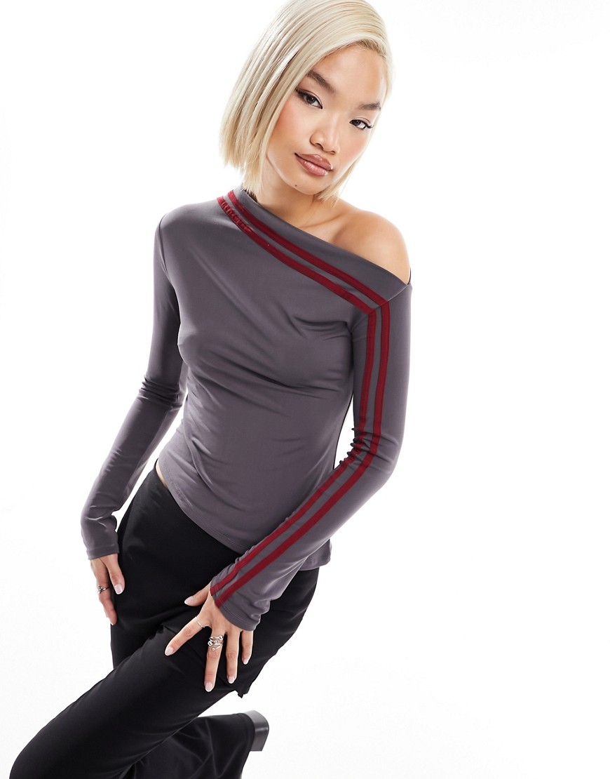 COLLUSION off the shoulder stripe long sleeve top in grey