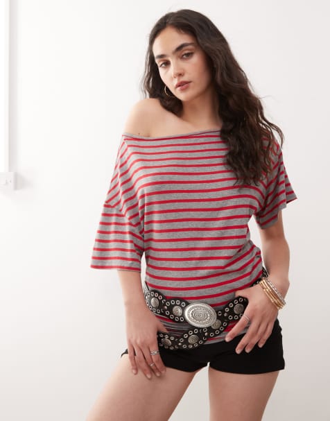 COLLUSION off the shoulder stripe top in red - view 1