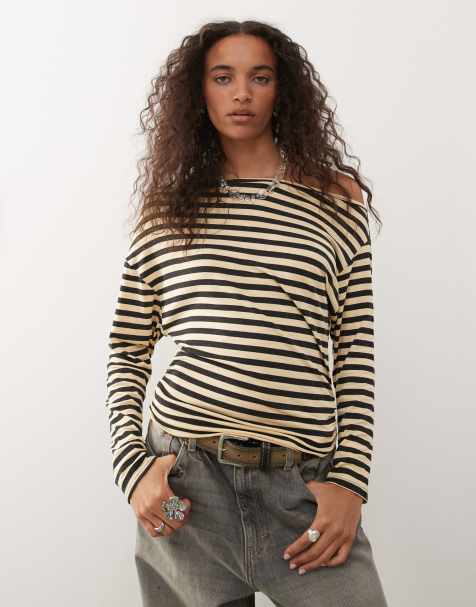 COLLUSION off the shoulder striped long sleeve t-shirt in yellow - view 1