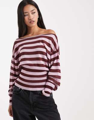 Collusion Off The Shoulder Striped Sheer Shimmer Top-pink In Multi