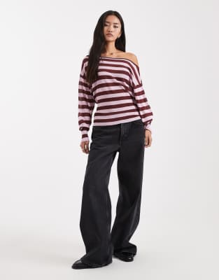 Collusion Off The Shoulder Striped Sheer Shimmer Top-pink In Multi