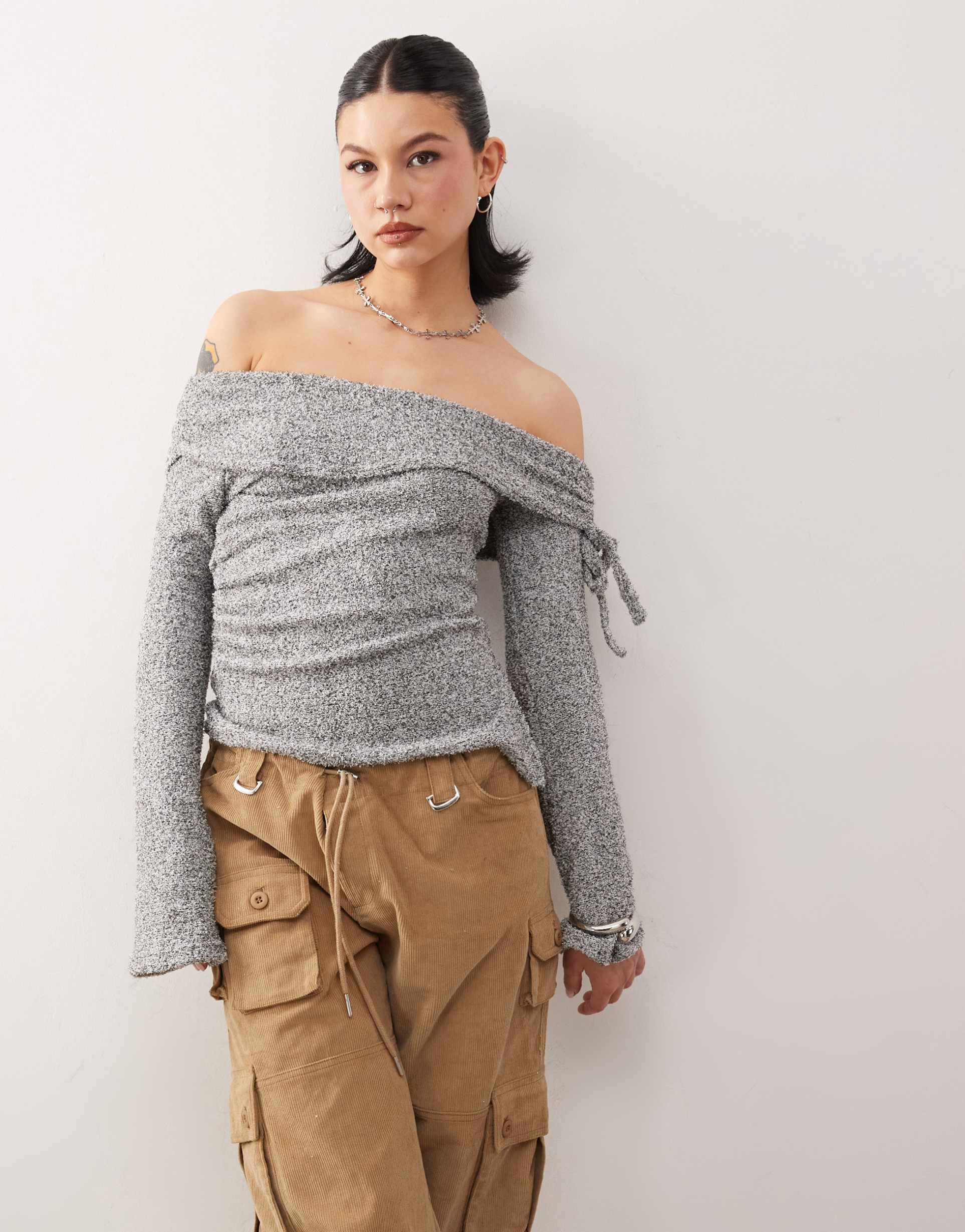 collusion off the shoulder tie side long sleeve top