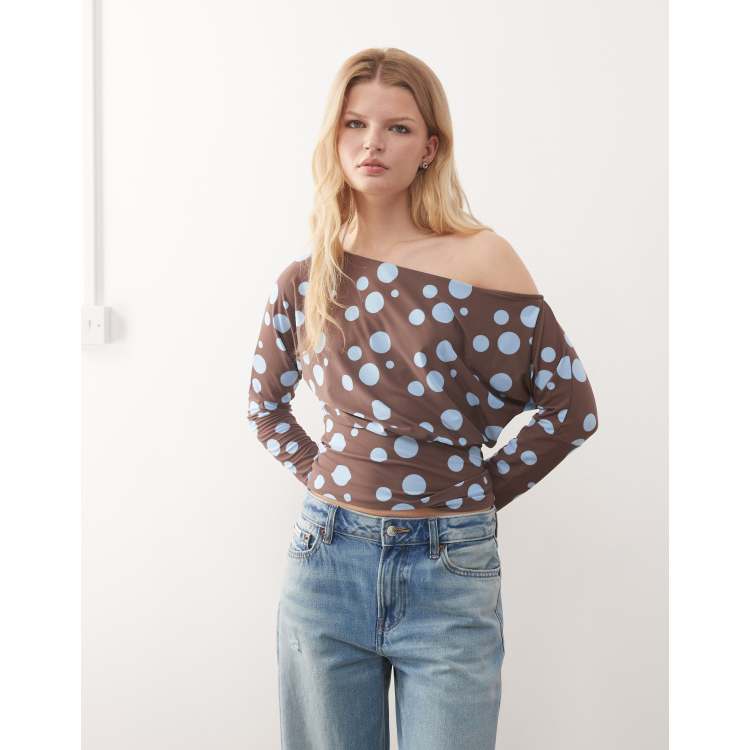 COLLUSION off the shoulder top in brown and blue polka-dot print