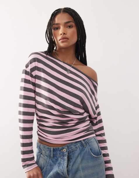 COLLUSION off-the-shoulder top in pink and gray stripes - view 1
