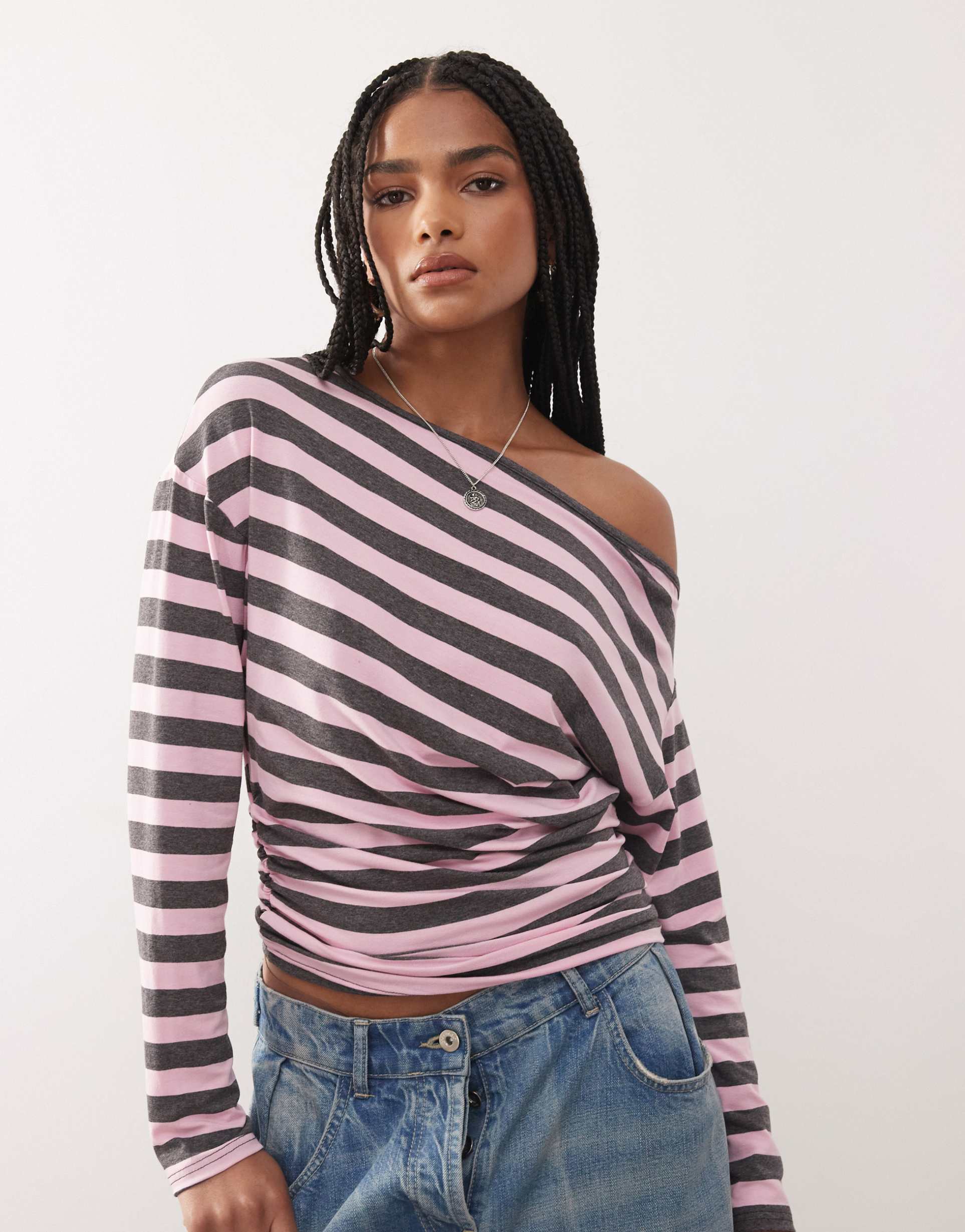 collusion off-the-shoulder top in pink and gray stripes