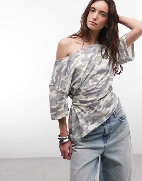 COLLUSION offshoulder-top med rynkeeffekt i camo - view 1