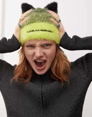 ombre fluffy knit beanie with ears in neon yellow