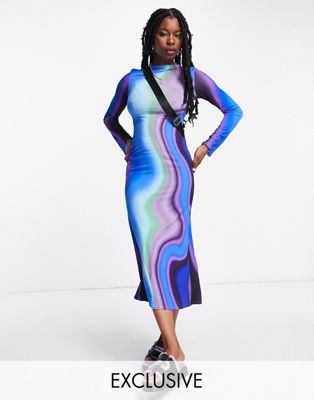 COLLUSION ombre stripe long sleeved midi dress in blue