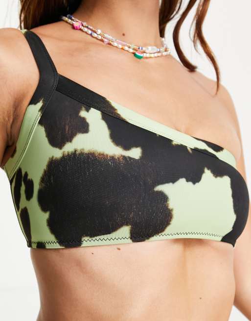 COLLUSION one shoulder cow print bikini top in multi