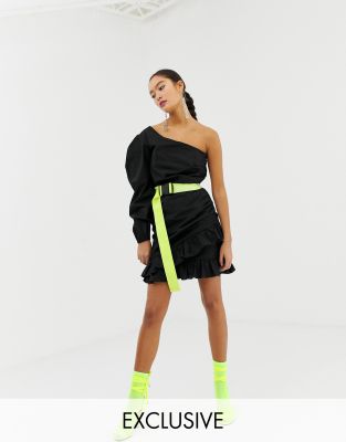 one shoulder neon dress