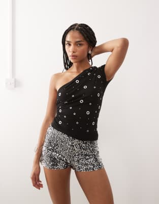 Collusion One Shoulder Extreme Eyelet Top-black